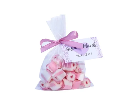 Cukierki ślubne różowe w woreczku 35g - Różowe cukierki z Krainy Słodkości